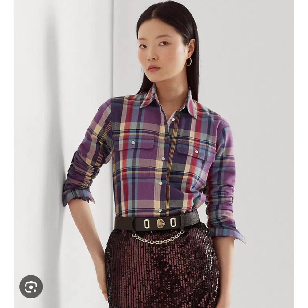 Lauren Ralph Lauren Plaid Leather Elbow Long Sleeve Shirt Shirt small